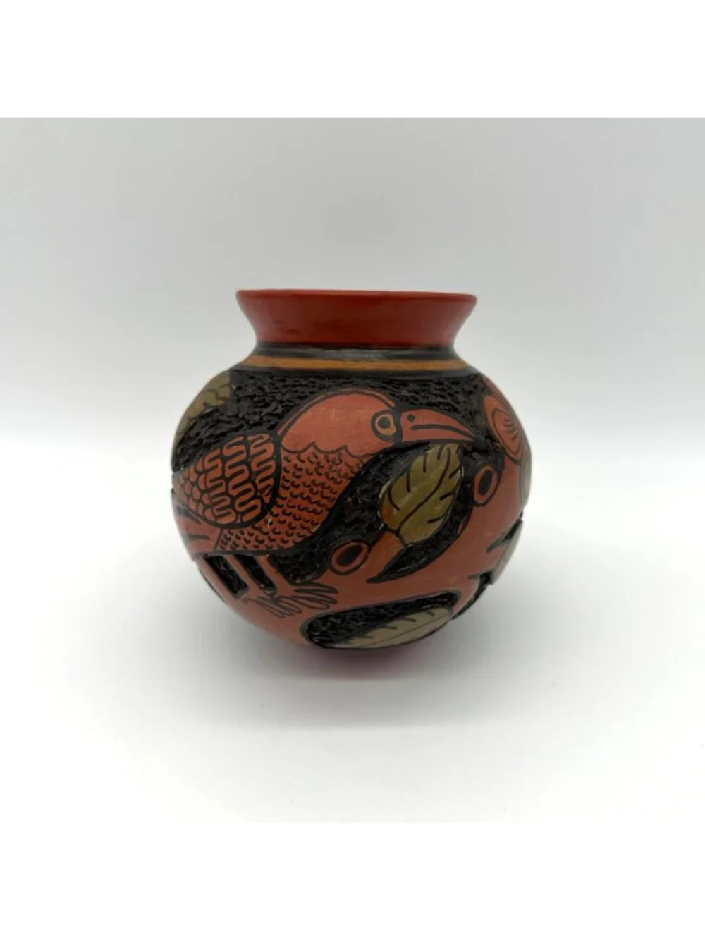 Pottery Hanging Planter Nicaraguan Incised Handmade Birds Flowers Hand Carved